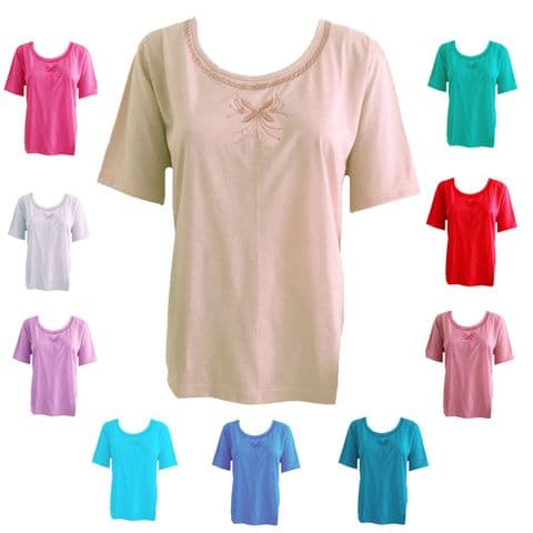 PLAIN T-SHIRT TEE TOP EMBROIDERED BUTTERFLY SHORT SLEEVE ROUND NECK COTTON RICH